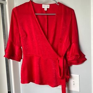Red silk tie front cross over blouse